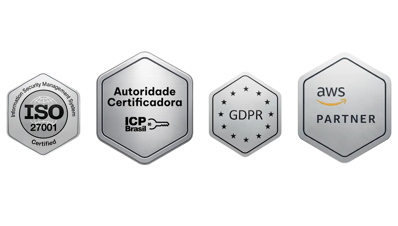 Certificações via ZapSign: ICP-Brasil (Autoridade Certificadora), ISO 27001, GDPR e AWS