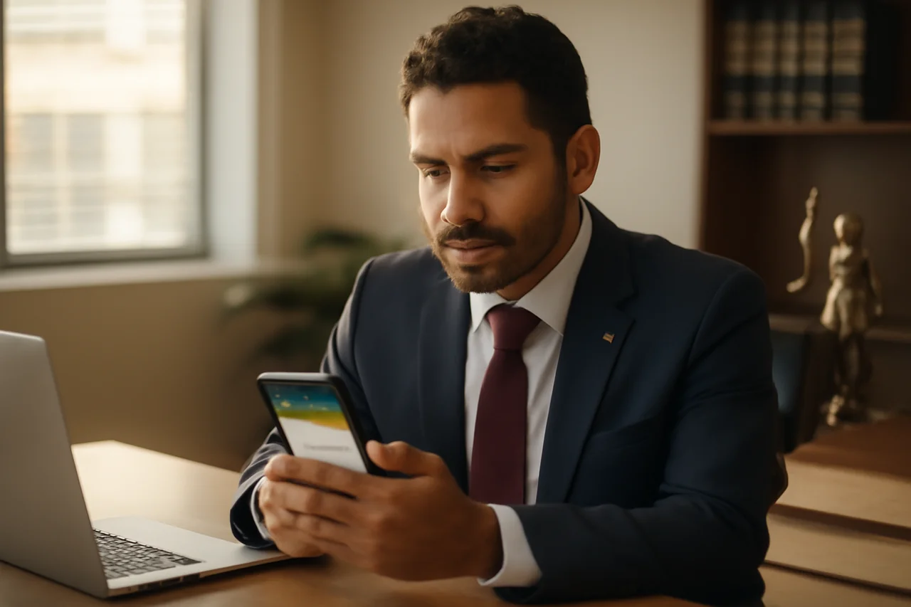 chatbot whatsapp para advogados — advogado atendendo cliente pelo WhatsApp no escritório