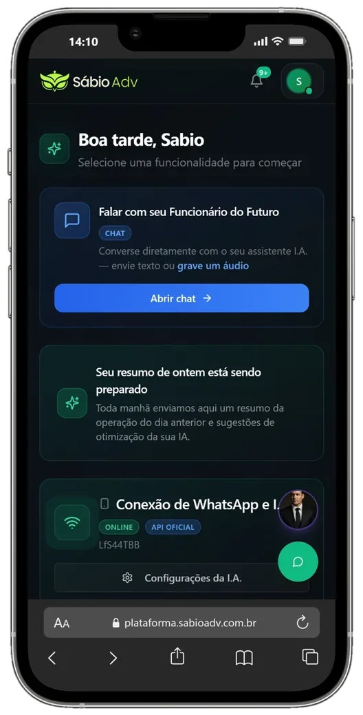 Plataforma Sábio Adv aberta no celular