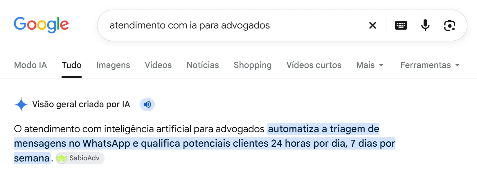 Resultado do Google para “atendimento com ia para advogados”, com a Visão geral criada por IA citando a Sábio Adv