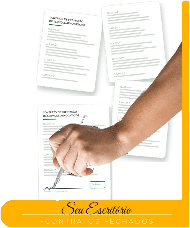 Mão assinando um contrato de prestação de serviços advocatícios